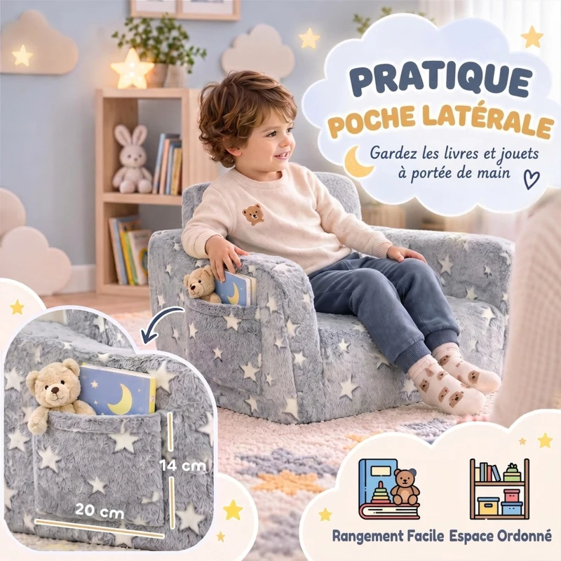 AIYAPLAY Canapé enfant 2 en 1, fauteuil pour enfant avec étoiles phosphorescentes, dépliable en méridienne, gris