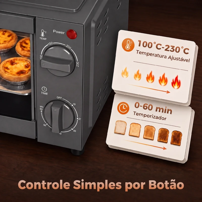 HOMCOM Mini Forno Elétrico 9 L de Bancada 750 W com Temperatura Ajustável e Temporizador, 35x24,6x20 cm, Cinzento