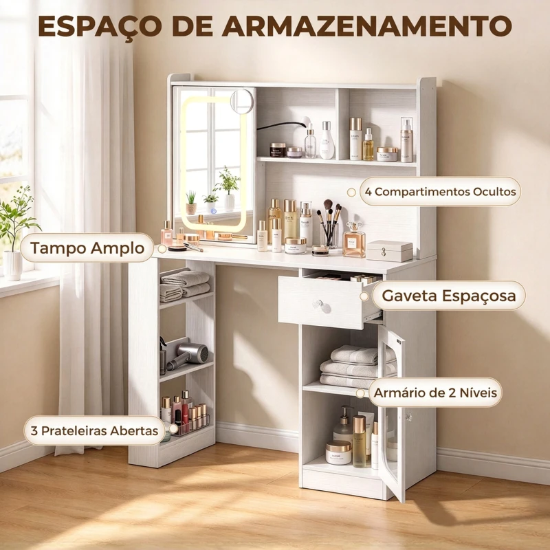 HOMCOM Toucador de Maquilhagem com Espelho Deslizante Luzes LED de 3 Cores Gaveta 4 Compartimentos Porta e 3 Prateleiras Abertas Branco