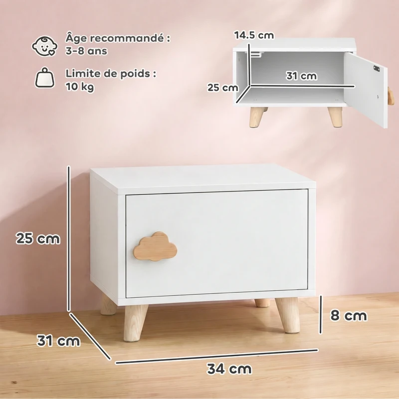 AIYAPLAY Table de Chevet Enfant avec Tiroir, Poignée en Forme de Nuage, pour Chambre d'Enfant, 34 x 31 x 25 cm, Blanc
