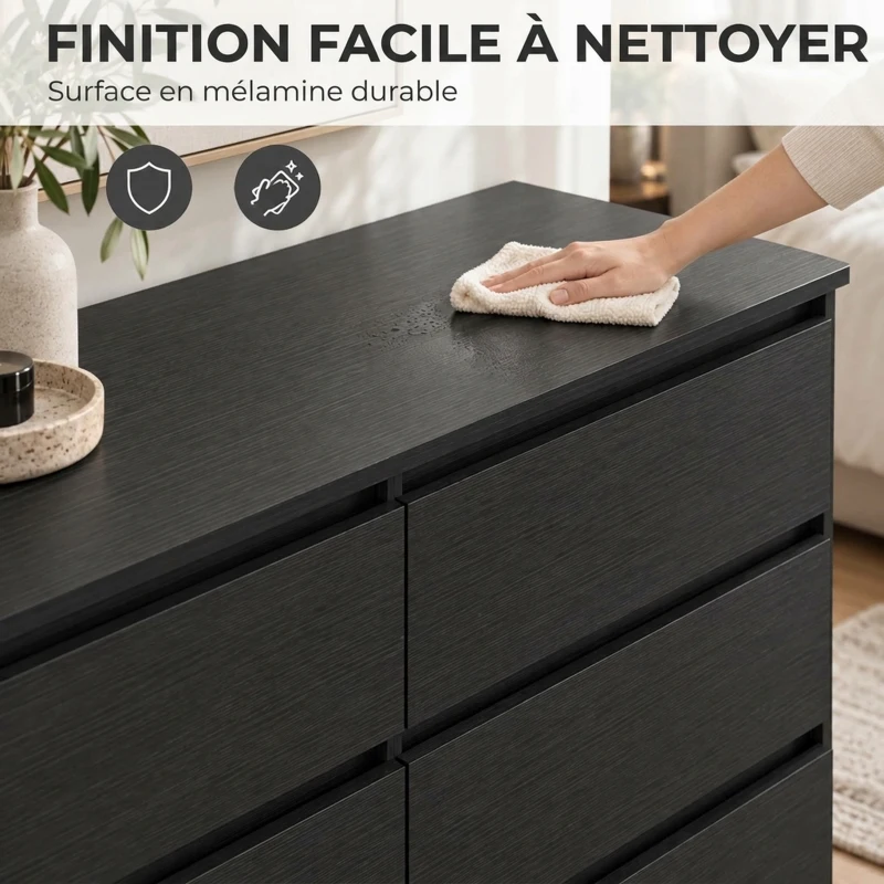 HOMCOM Commode Chambre Adulte, Chiffonnier 6 Tiroirs, Commode Vêtement, Meuble de Rangement Contemporain pour Salon, Noir