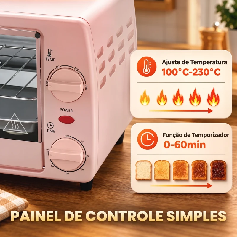 HOMCOM Forno Elétrico de Bancada 10 L 750 W com Temperatura até 230 °C e Temporizador 36,5x26x22 cm Rosa