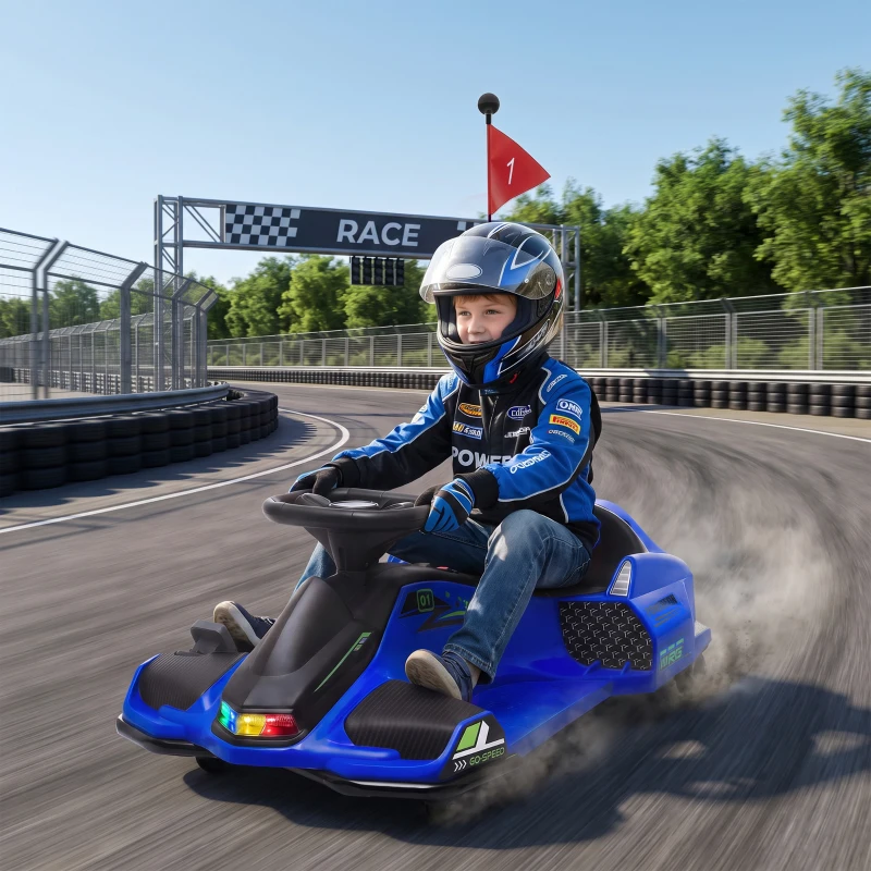HOMCOM 12V Kids Electric Go Kart, Ride on Drift Car with 2 Speeds, Soft Start, Music, Colourful LED Lights for Ages 8-12, Blue