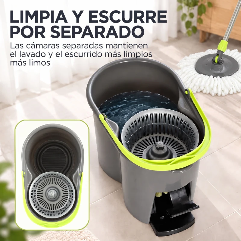 HOMCOM Juego de Fregona y Cubo con Escurridor 2 Compartimentos Cubo de 20 L 5 Mopas Microfibra Uso Seco y Húmedo Gris Oscuro