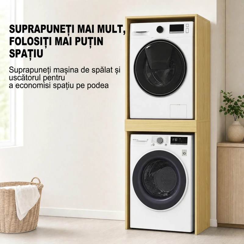 HOMCOM Dulap Compact pentru Mașină de Spălat și Uscător cu Suport Extractibil pentru Umerașe, Stejar