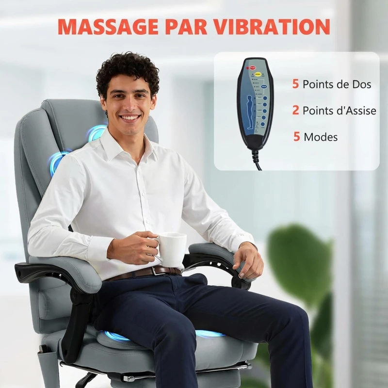 Vinsetto Fauteuil de bureau massant, chaise de bureau avec hauteur réglable, dossier inclinable et télécommande filaire, gris