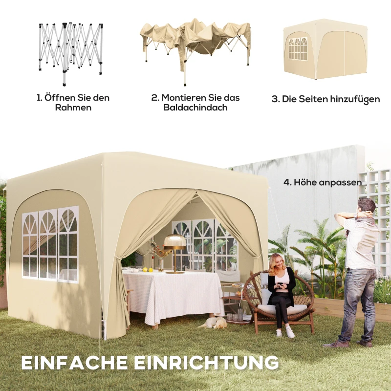 Outsunny 3 x 3 m Pavillon, Pop-up Gartenzelt mit Seitenwänden und Tragetasche, UPF50+, höhenverstellbar, Sand(m-4)