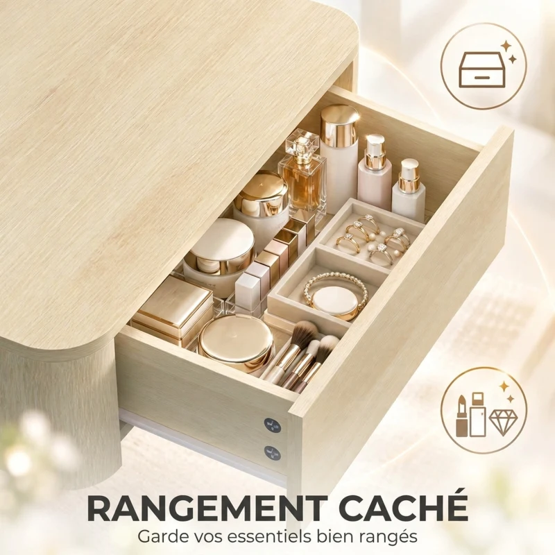 HOMCOM Coiffeuse Murale Moderne avec Miroir Rond et Tiroir Dissimulé, pour Chambre, Petit Espace, 60 x 38 x 18 cm, Chêne