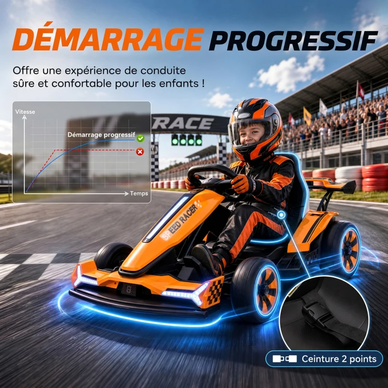 AIYAPLAY Kart Électrique pour Enfants 12 V, Go Kart, 2 Moteurs, Siège Réglable, Batterie au Lithium, Démarrage Progressif, Orange
