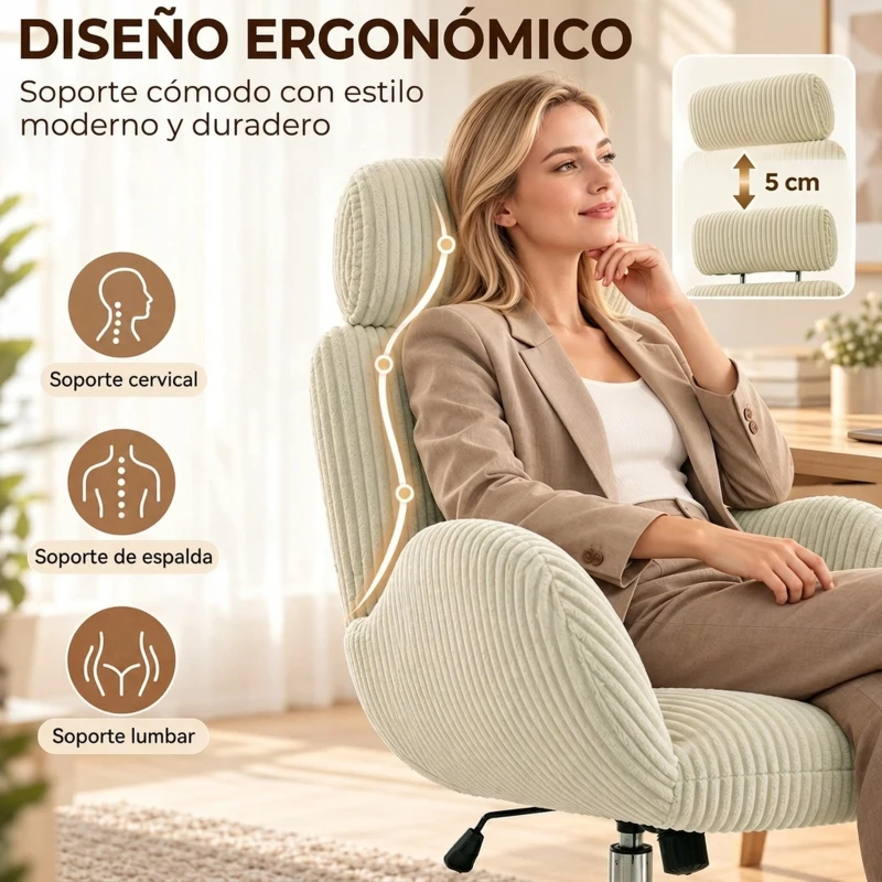 HOMCOM Silla de Oficina con Reposabrazos Respaldo Alto Reposacabezas Regulable Ruedas Altura Ajustable Giratoria Crema