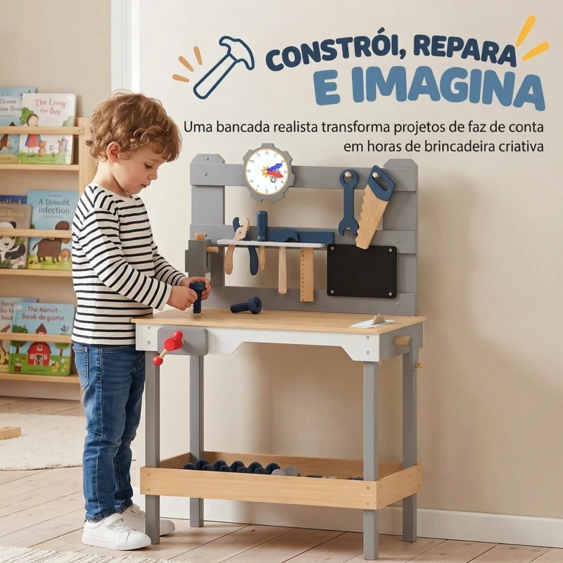 AIYAPLAY Bancada de Ferramentas Infantil em Madeira com Ferramentas Quadro e Prateleira 3-6 Anos Cinza