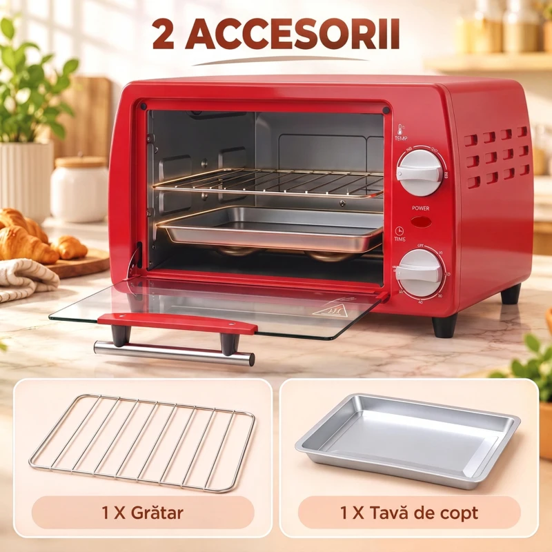 HOMCOM Mini cuptor electric 10L, 750W, cu temperatură reglabilă și timer, 36,5x26x22 cm, roșu
