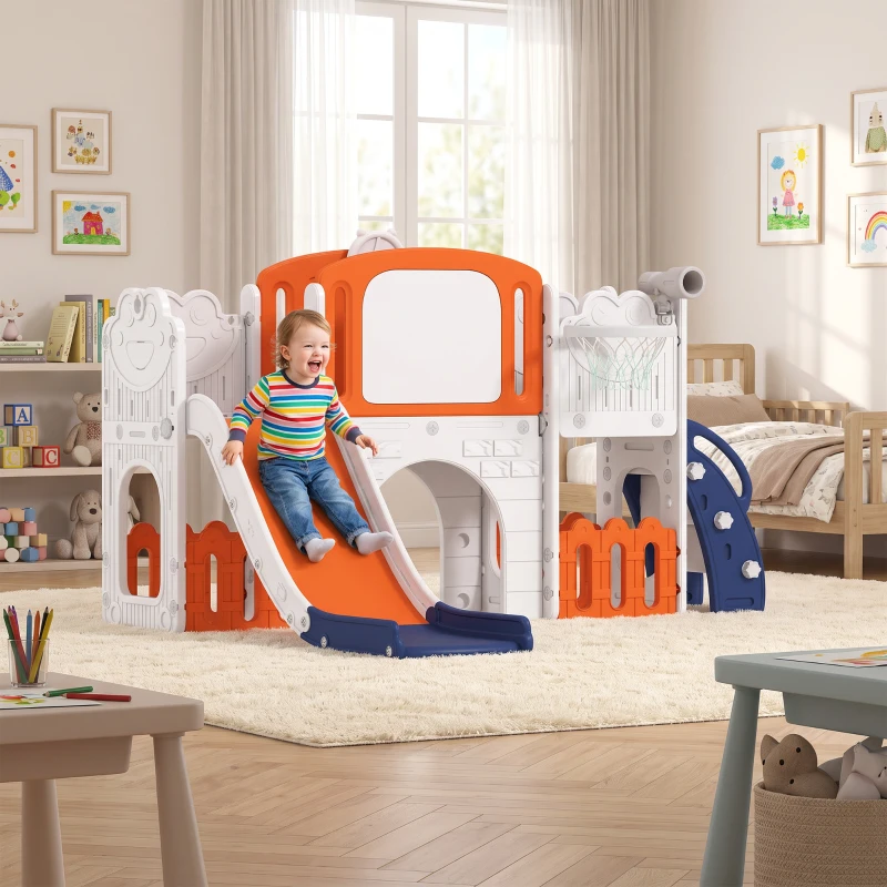 AIYAPLAY 7 in 1 Toddler Slide Set with Basketball Hoop, Climbing Frame, Telescope, Drawing Board, Storage Box, Orange