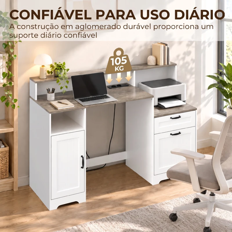 HOMCOM Secretária com Estação de Carregamento Gavetas e Prateleiras com Tomadas Castanho Acinzentado e Branco