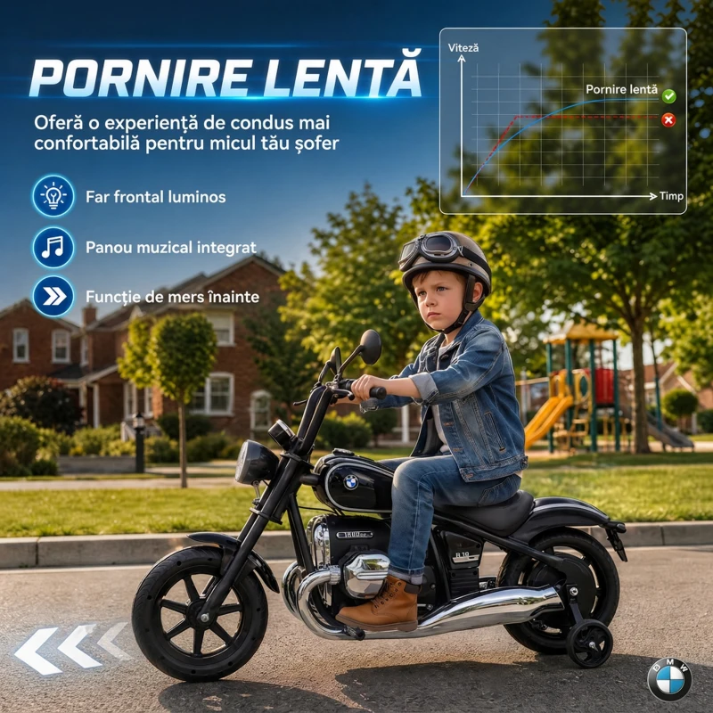 AIYAPLAY Motocicletă electrică pentru copii BMW R18 12V, baterie litiu, roți ajutătoare detașabile, far, muzică, negru