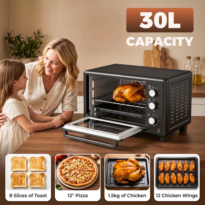 HOMCOM 30 L Mini Oven, Countertop Electric Cooker & Grill for Roasting, Baking, Grilling with Adjustable Temperature, Black