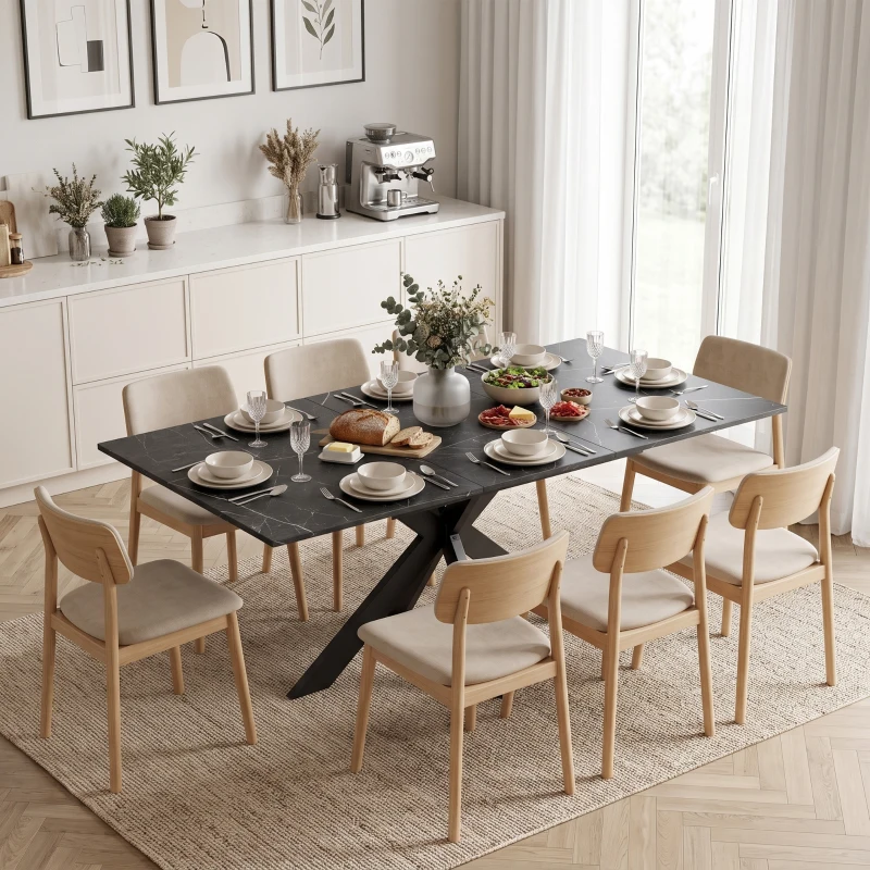 HOMCOM Extendable Dining Table Steel Cross Legs Steel Rails Space Saving Black