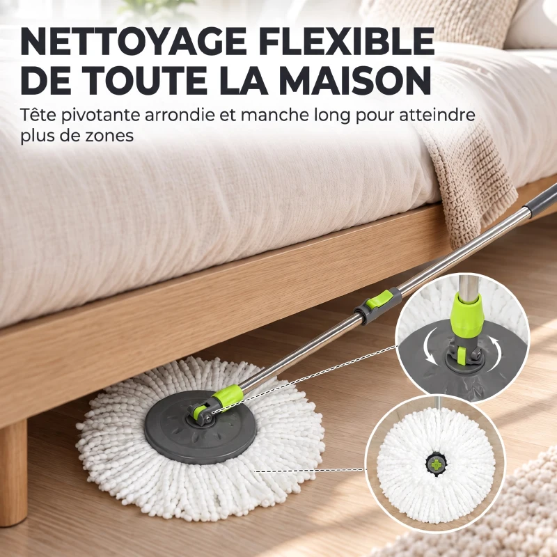 HOMCOM Balai Serpillière et Seau avec Essoreur, Balai Rond à 2 Compartiments, Réservoir 20 L, Tête Rotative à 360°, Gris Foncé
