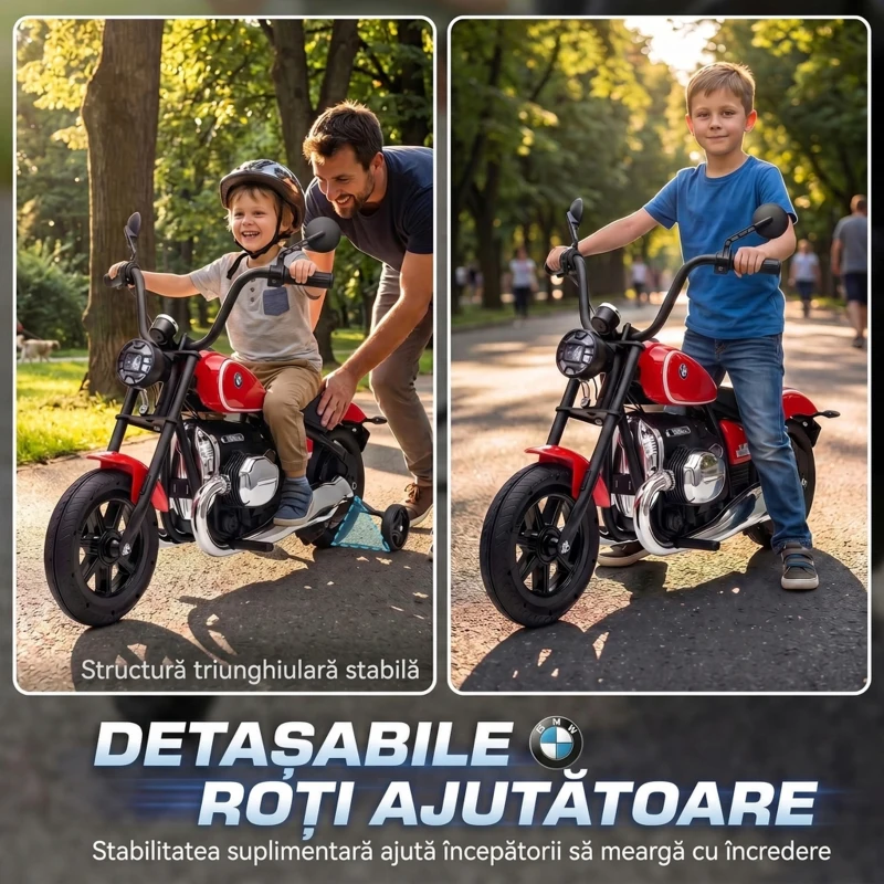 AIYAPLAY Motocicletă Electrică pentru Copii BMW R18 12V, cu Baterie Litiu, 3-8 Ani, Roți Ajutătoare Detașabile, Far, Muzică, Roșie