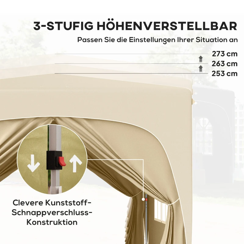 Outsunny 3 x 3 m Pavillon, Pop-up Gartenzelt mit Seitenwänden und Tragetasche, UPF50+, höhenverstellbar, Sand(m-5)