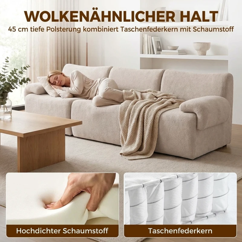 HOMCOM 3-Sitzer-Sofa aus Chenille, modulares Cloud-Sofa mit dickem Federpolster, extra breit und tief, ohne Montage, Beige