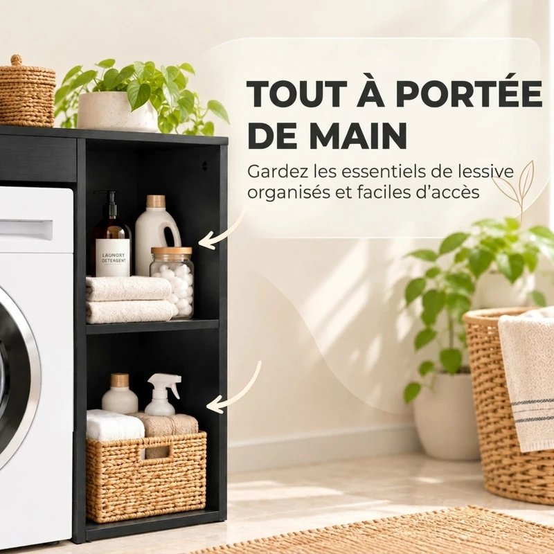 HOMCOM Meuble machine à laver, armoire machine a laver et sèche-linge avec 2 compartiments ouverts, 96 x 60 x 90,5 cm, noir