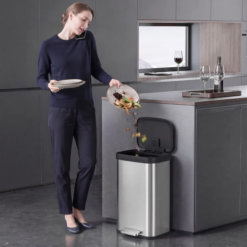 HOMCOM Poubelle de Cuisine 50 L en Acier Inoxydable, Pédale, Couvercle à Fermeture Douce, Compartiment Désodorisant, Argenté