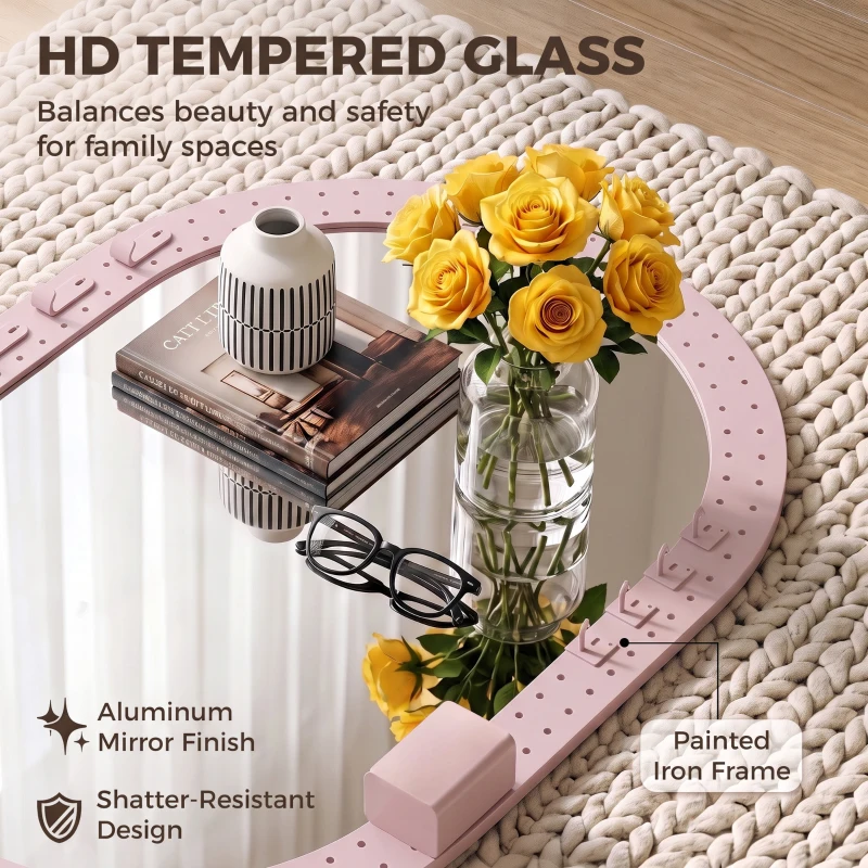 HOMCOM Oval Wall Mirror, 60 x 90 cm Decorative Hanging Mirror with Pegboard Frame, Wall-Mounted, Pink