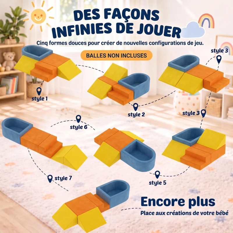 AIYAPLAY Parcours Motricité Bébé 5PCS, Module Motricité Bébé en Mousse, Piscine à Balles, Housse en Velours Lavable, Multicolore