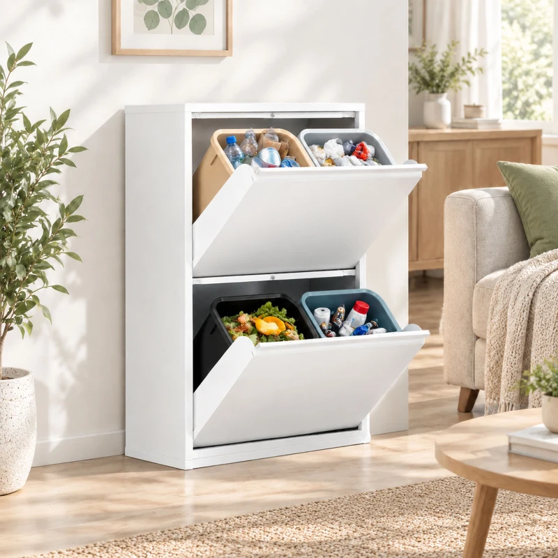HOMCOM Meuble Poubelle de Tri Sélectif 60 L (4 x 15 L), 4 Compartiments, Fermeture Amortie, Seaux Intérieurs Amovibles, Blanc