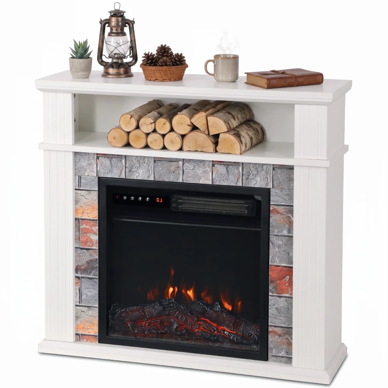 HOMCOM Freestanding Electric Fireplace Suite, 1800W, Open Shelf, Electric Fire and Surround with LED Flame, Remote, White