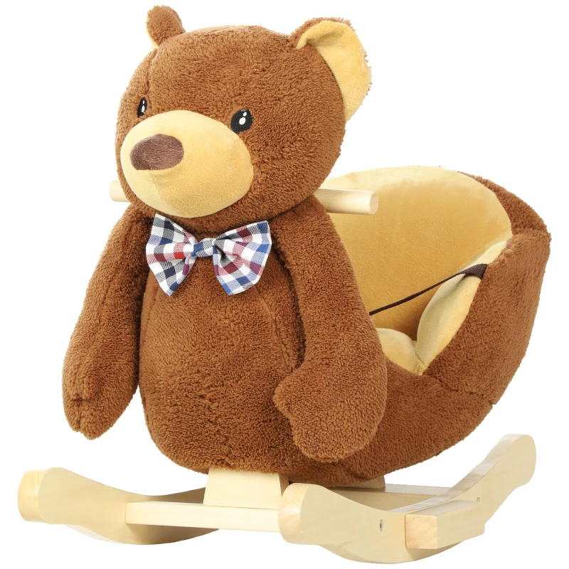 AIYAPLAY Rocking Horse Toy, Cartoon Bear Wooden Ride on Horse with Seat Belt, Music, Pretend Play Toy for Toddlers 18-36 M, Brown