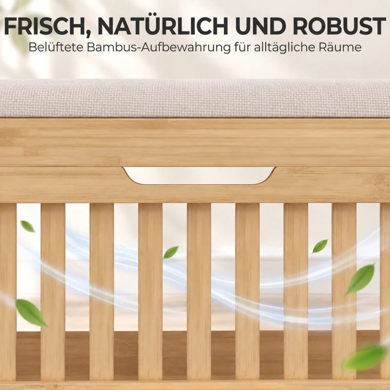 HOMCOM Schuhbank mit Sitzfläche, Bambus Schuhregal mit belüftete Kippaufbewahrung Verstellbare Ablage Sitzkissen 80 x 30 x 48cm