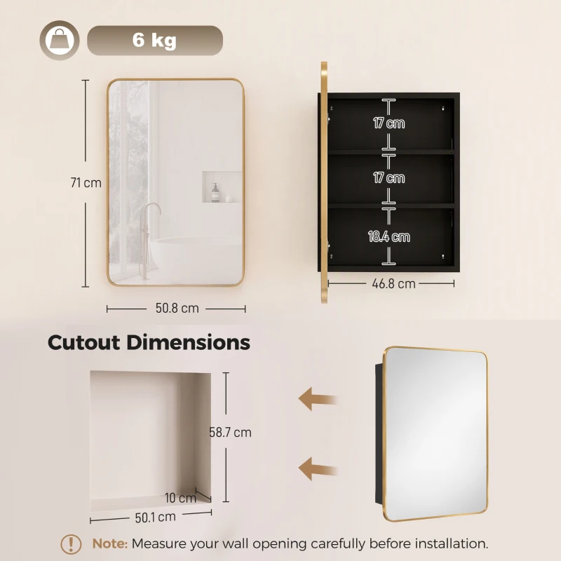 HOMCOM 50.8 x 11.6 x 71 cm Bathroom Mirror Cabinet, Wall Cabinet with Adjustable Shelves, Wall-Mounted or Recessed, Gold Tone
