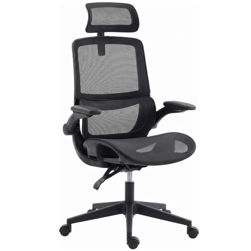 HOMCOM Ergonomic Office Chair with Adaptive Lumbar Support, Reclining Mesh Desk Chair with 2D Headrest, Flip-Up Arms, Black