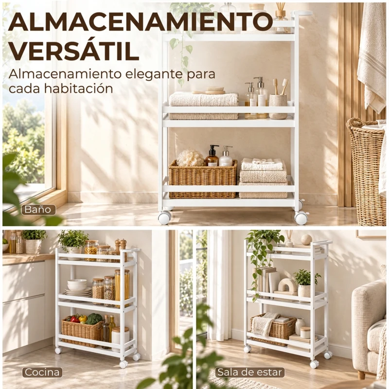 HOMCOM Estantería de Baño de Bambú de 3 Niveles Carrito Auxiliar de Almacenaje con Ruedas 55x20x75 cm Blanco