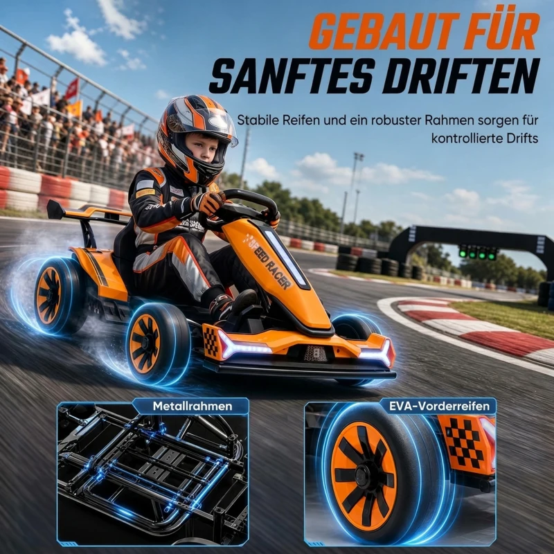 AIYAPLAY 12V Elektro-Go-Kart für Kinder von 3-8 Jahren, verstellbarer Sitz, 3 Geschwindigkeiten, sanfter Start, Orange