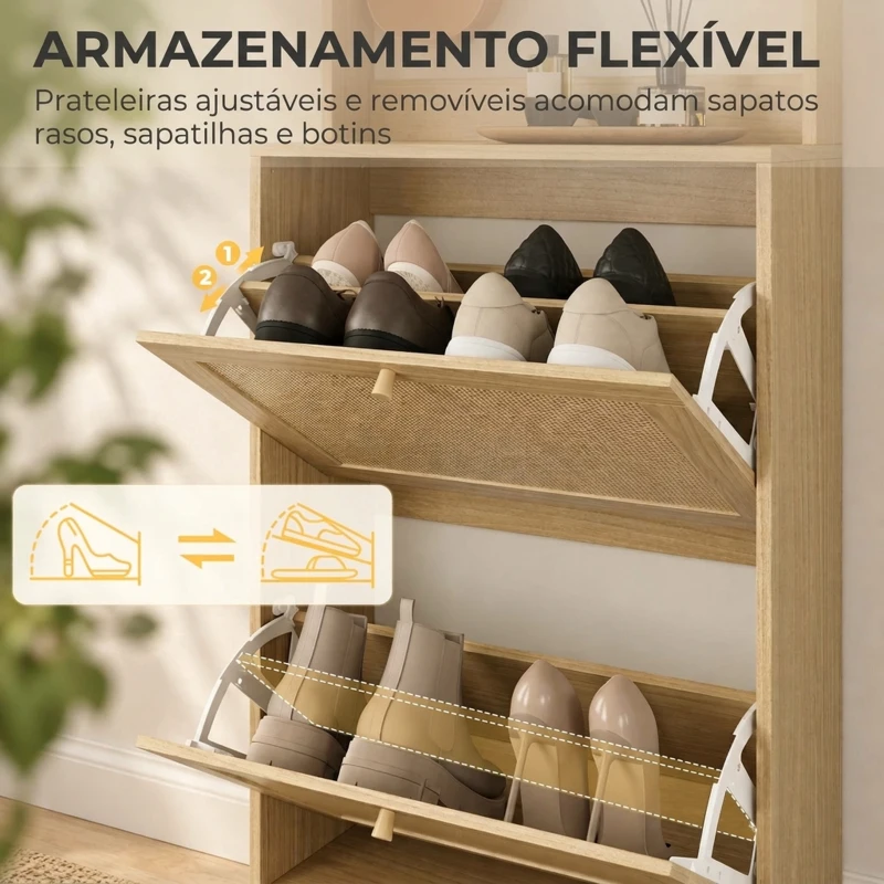 HOMCOM Bengaleiro Sapateira com 2 Gavetas Basculantes, Portas em Rattan, 8 Ganchos, Prateleira Superior e Estrutura em Madeira Natural