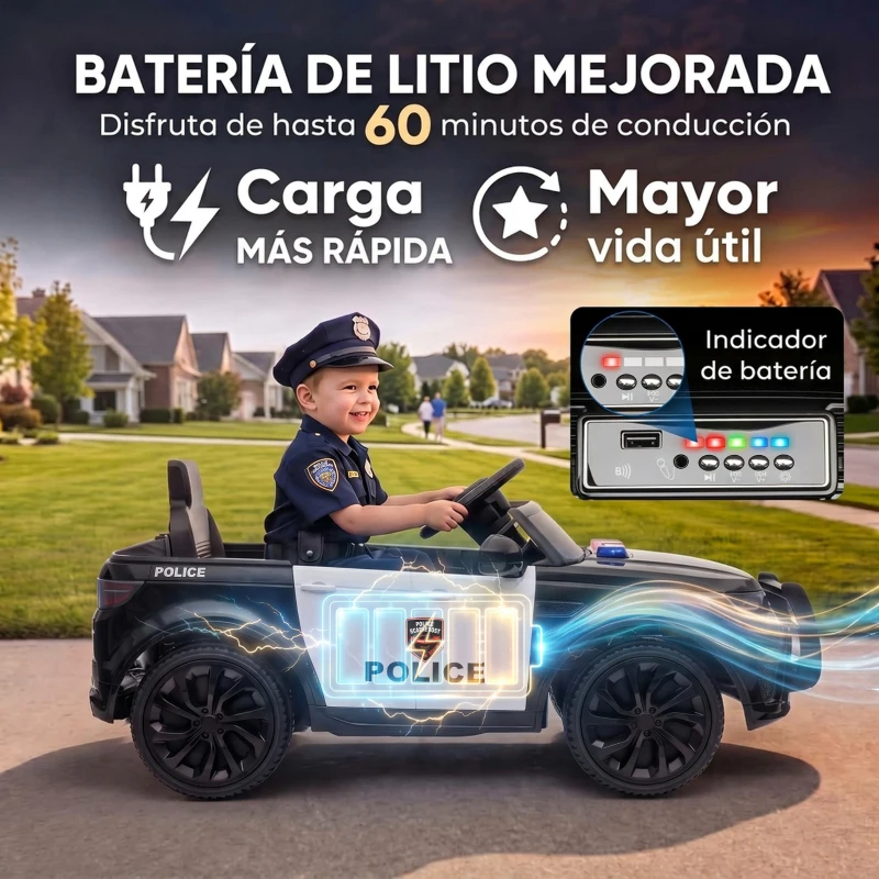 AIYAPLAY Coche Eléctrico para Niños de Policía 12V Mando a Distancia 2,4 G 2 Motores Arranque Suave Sirena Luces Música Negro