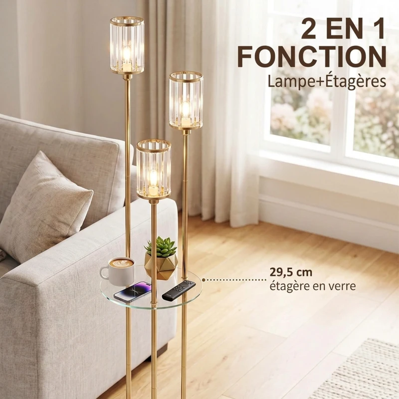 HOMCOM Lampadaire Étagère Verre 3 Lumières Lampe sur Pied Abat-jour Verre Doré