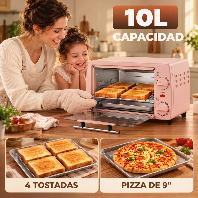 HOMCOM Horno Eléctrico Sobremesa 10L  750W Horno Eléctrico Pequeño Temperatura 230 ℃ y Temporizador 36,5x26x22 cm Rosa