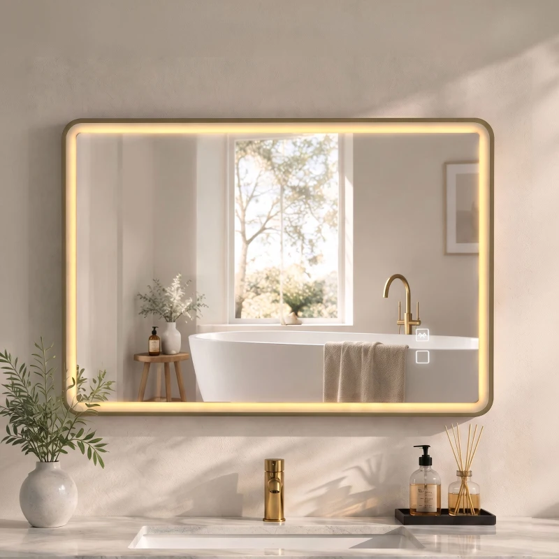 HOMCOM Bathroom Mirror with LED Lights, 100x70cm Rectangle Bathroom Mirror, Dimmable, Bluetooth, Anti-Fog, Gold Tone