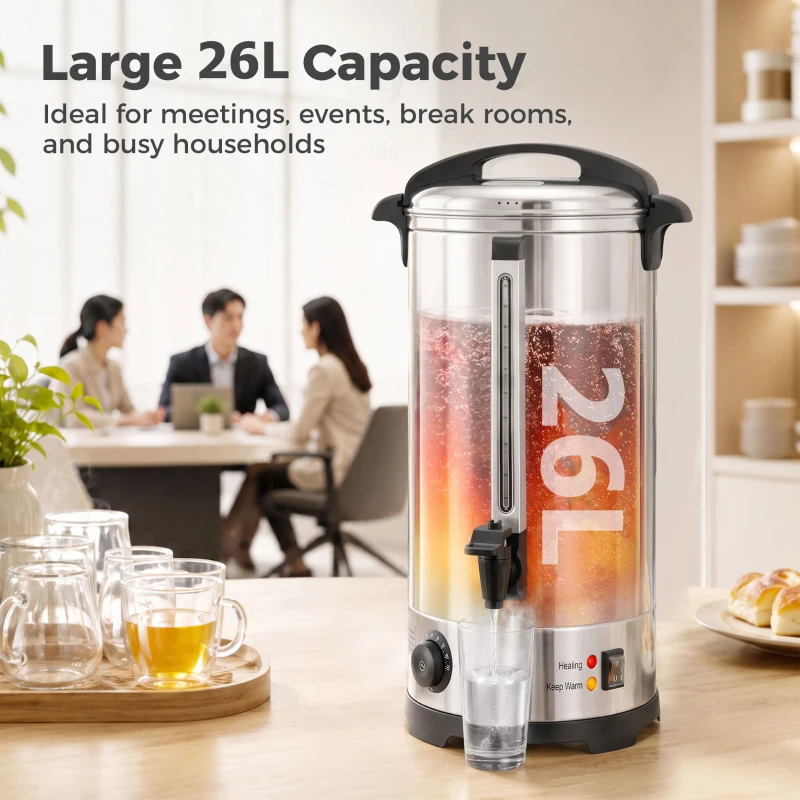 HOMCOM 26L Catering Urn, 2500W Stainless Steel Hot Water Boiler Dispenser with Thermostat, Keep Warm Function and Easy Pour Tap