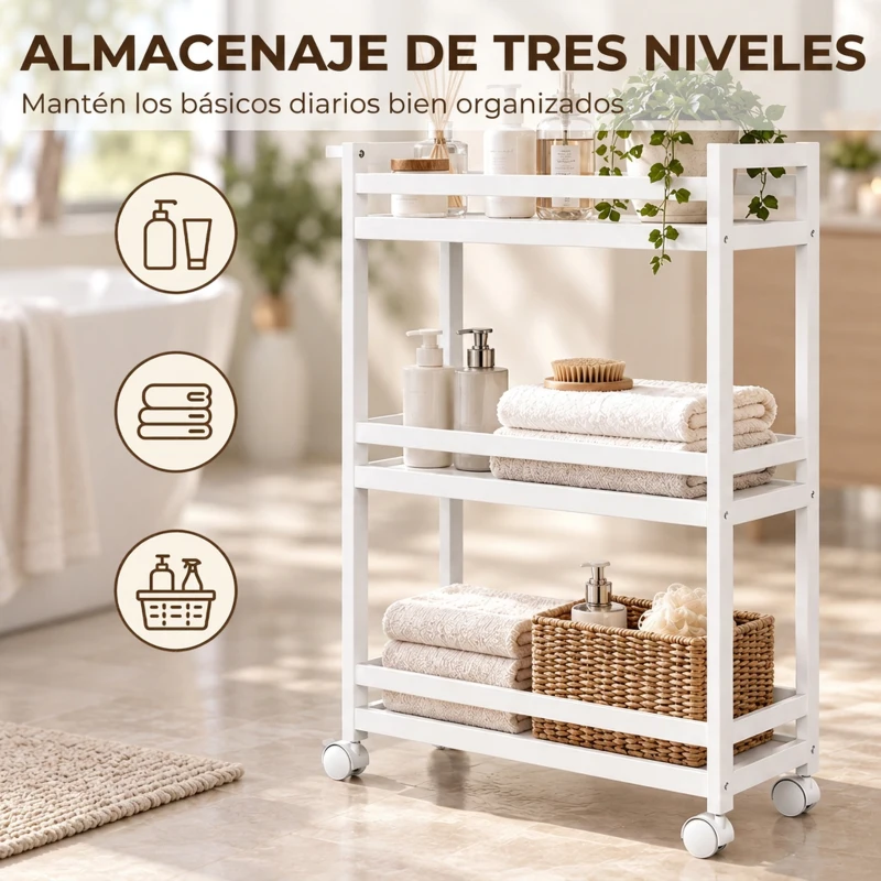 HOMCOM Estantería de Baño de Bambú de 3 Niveles Carrito Auxiliar de Almacenaje con Ruedas 55x20x75 cm Blanco