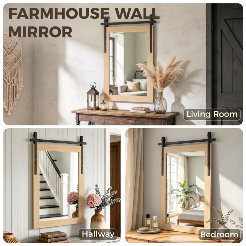 HOMCOM 86.5 x 61 cm Rectangle Mirror, Farmhouse Wall Mirror for Living Room, Bedroom, Hallway, White Oak