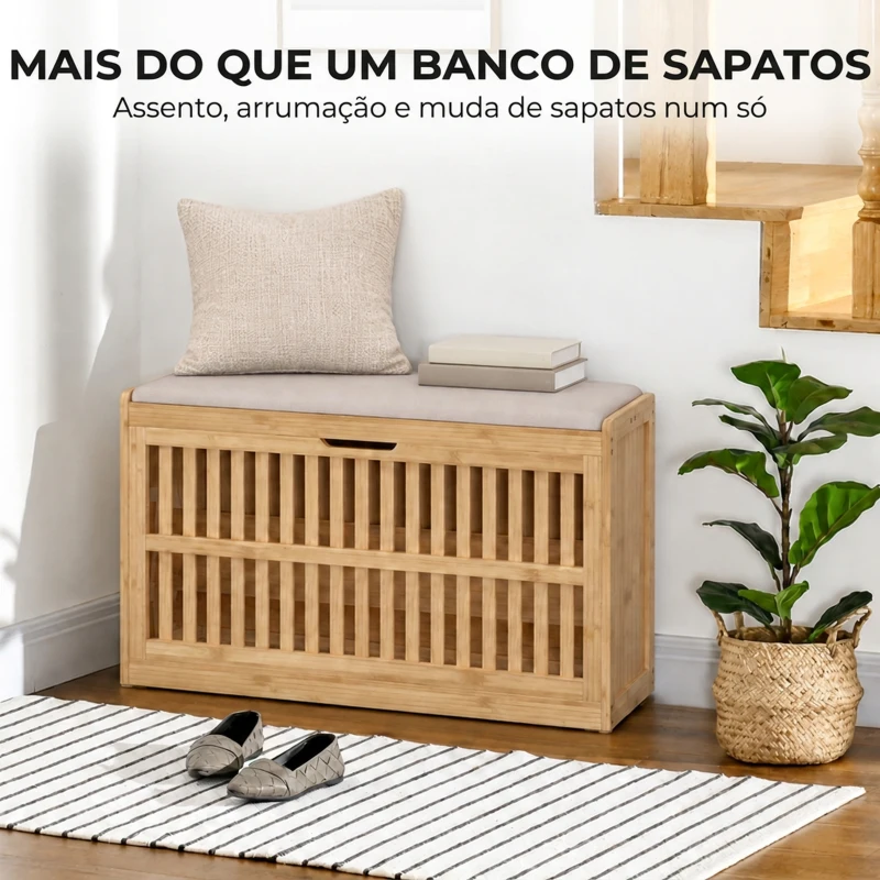 HOMCOM Banco Sapateira com Compartimento Basculante e Assento Acolchoado 80x30x48 cm Natural e Bege