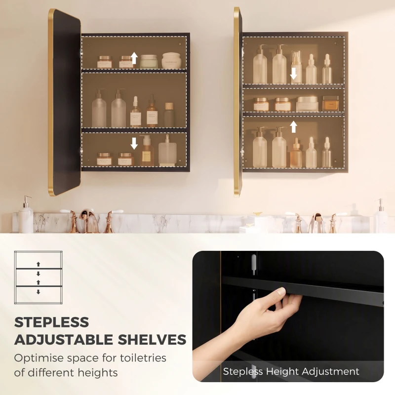 HOMCOM 50.8 x 11.6 x 71 cm Bathroom Mirror Cabinet, Wall Cabinet with Adjustable Shelves, Wall-Mounted or Recessed, Gold Tone