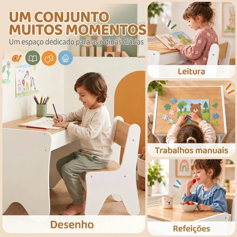 AIYAPLAY Mesa e Cadeira Infantil para Desenhar e Ler com Gaveta Branco e Madeira