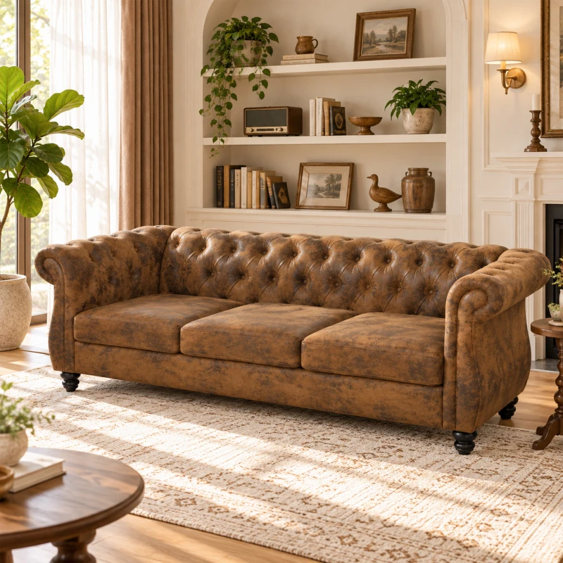 HOMCOM Divano 3 Posti Chesterfield con Seduta Ampia in Tessuto Effetto Pelle, 206x82x76 cm, Caffè