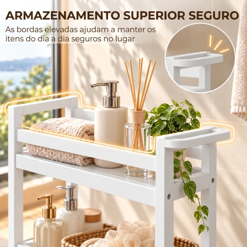 HOMCOM Carrinho Auxiliar de Casa de Banho em Bambu com 3 Níveis e Rodas 55x20x75 cm Branco